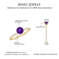 3/4 CT Amethyst Solitaire Ring with Diamond Side Stones