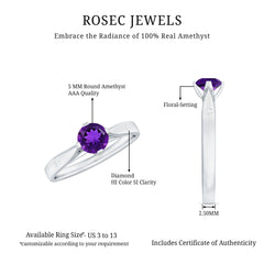 1/2 CT Solitaire Round Shape Amethyst Ring with Diamond