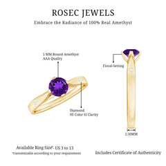 1/2 CT Solitaire Round Shape Amethyst Ring with Diamond