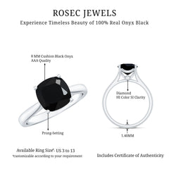 8MM Cushion Cut Black Onyx Solitaire Engagement Ring
