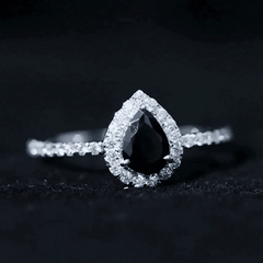 Natural Black Spinel Pear Shaped Engagement Ring with Diamond Halo