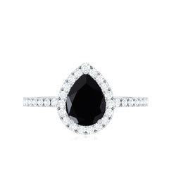 Natural Black Spinel Pear Shaped Engagement Ring with Diamond Halo
