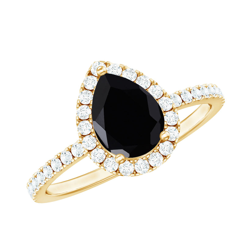Natural Black Spinel Pear Shaped Engagement Ring with Diamond Halo
