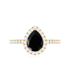 Natural Black Spinel Pear Shaped Engagement Ring with Diamond Halo