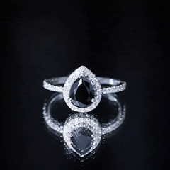 6X8 MM Black Onyx Pear Engagement Ring with Diamond Halo