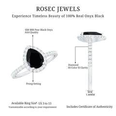 6X8 MM Black Onyx Pear Engagement Ring with Diamond Halo