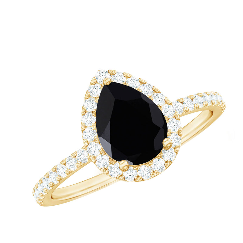 6X8 MM Black Onyx Pear Engagement Ring with Diamond Halo