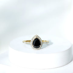 6X8 MM Black Onyx Pear Engagement Ring with Diamond Halo