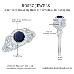 1.25 CT Blue Sapphire Solitaire with Diamond Milgrain Engagement Ring