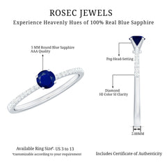 1/2 CT French Set Solitaire Blue Sapphire and Diamond Minimal Ring