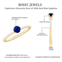 1/2 CT French Set Solitaire Blue Sapphire and Diamond Minimal Ring