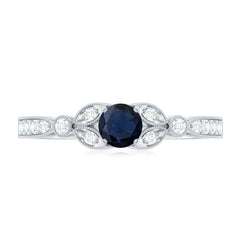 3/4 CT Vintage Inspired Blue Sapphire and Diamond Engagement Ring with Milgrain Details