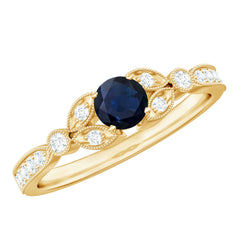 3/4 CT Vintage Inspired Blue Sapphire and Diamond Engagement Ring with Milgrain Details