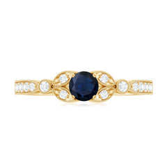 3/4 CT Vintage Inspired Blue Sapphire and Diamond Engagement Ring with Milgrain Details
