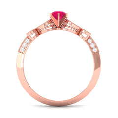 Genuine Ruby Vintage Inspired Engagement Ring with Diamond