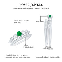 Vintage Inspired Emerald Wedding Bridal Ring Set with Diamond