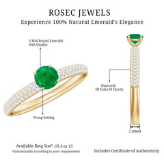 Classic Emerald Solitaire Engagement Ring with Real Diamond Side Stones