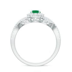 Natural Emerald Engagement Ring with Diamond Crossover Shank