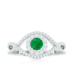 Natural Emerald Engagement Ring with Diamond Crossover Shank