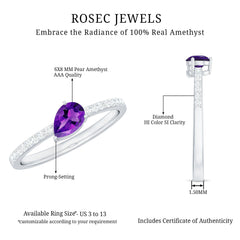 Pear Cut Amethyst Solitaire Ring with Diamond Side Stones