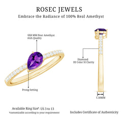 Pear Cut Amethyst Solitaire Ring with Diamond Side Stones