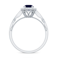 1.25 CT Round Blue Sapphire Antique Engagement Ring with Diamond Halo