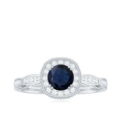1.25 CT Round Blue Sapphire Antique Engagement Ring with Diamond Halo