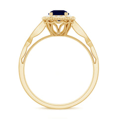 1.25 CT Round Blue Sapphire Antique Engagement Ring with Diamond Halo