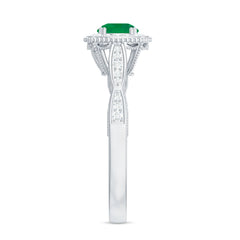 Emerald Vintage Looking Engagement Ring with Diamond Halo