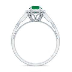 Emerald Vintage Looking Engagement Ring with Diamond Halo