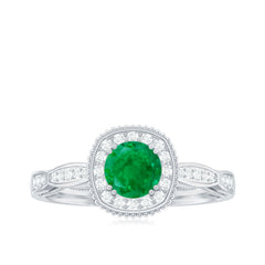 Emerald Vintage Looking Engagement Ring with Diamond Halo