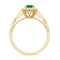 Emerald Vintage Looking Engagement Ring with Diamond Halo