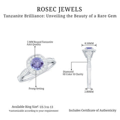 Vintage Style Tanzanite Engagement Ring with Diamond Halo for Women