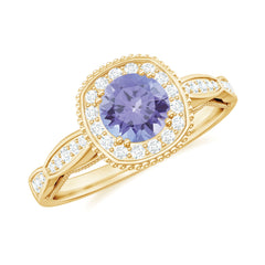 Vintage Style Tanzanite Engagement Ring with Diamond Halo for Women