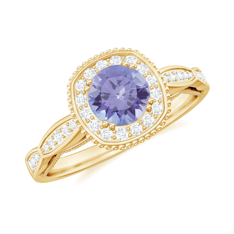 Vintage Style Tanzanite Engagement Ring with Diamond Halo for Women