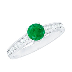 Genuine 5mm Emerald Solitaire Engagement Ring with Diamond Side Stones