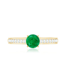 Genuine 5mm Emerald Solitaire Engagement Ring with Diamond Side Stones