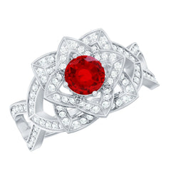 1.25 CT Created Ruby and Moissanite Flower Engagement Ring
