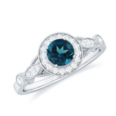 5mm London Blue Topaz Antique Engagement Ring with Diamond Halo