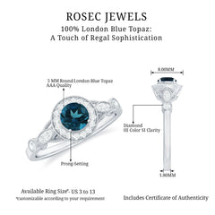 5mm London Blue Topaz Antique Engagement Ring with Diamond Halo