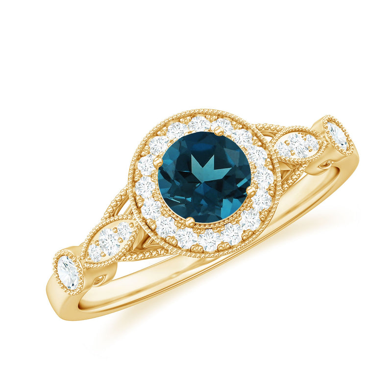 5mm London Blue Topaz Antique Engagement Ring with Diamond Halo