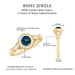5mm London Blue Topaz Antique Engagement Ring with Diamond Halo