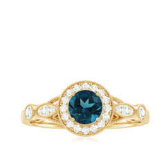 5mm London Blue Topaz Antique Engagement Ring with Diamond Halo