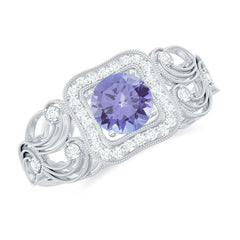 Tanzanite Vintage Looking Engagement Ring with Diamond Halo