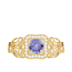 Tanzanite Vintage Looking Engagement Ring with Diamond Halo