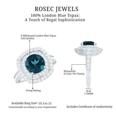 8mm Round London Blue Topaz Double Halo Engagement Ring with Moissanite