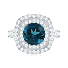 8mm Round London Blue Topaz Double Halo Engagement Ring with Moissanite