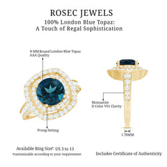 8mm Round London Blue Topaz Double Halo Engagement Ring with Moissanite
