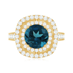 8mm Round London Blue Topaz Double Halo Engagement Ring with Moissanite