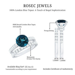 8mm Round London Blue Topaz Solitaire Rings Set with Moissanite Band